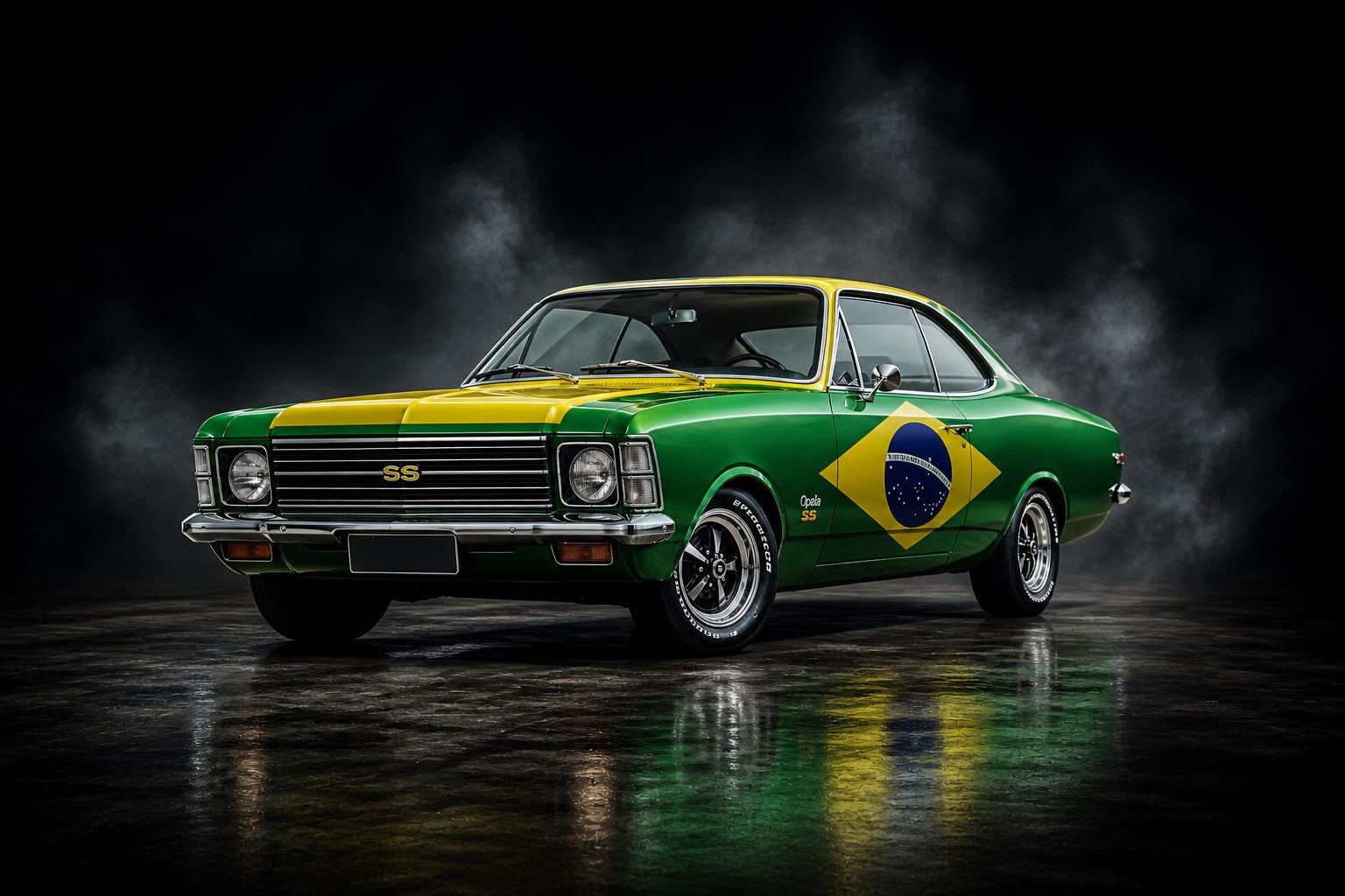 Opala Brasil em ângulo frontal com fumaça ao fundo e pintura verde e amarela
