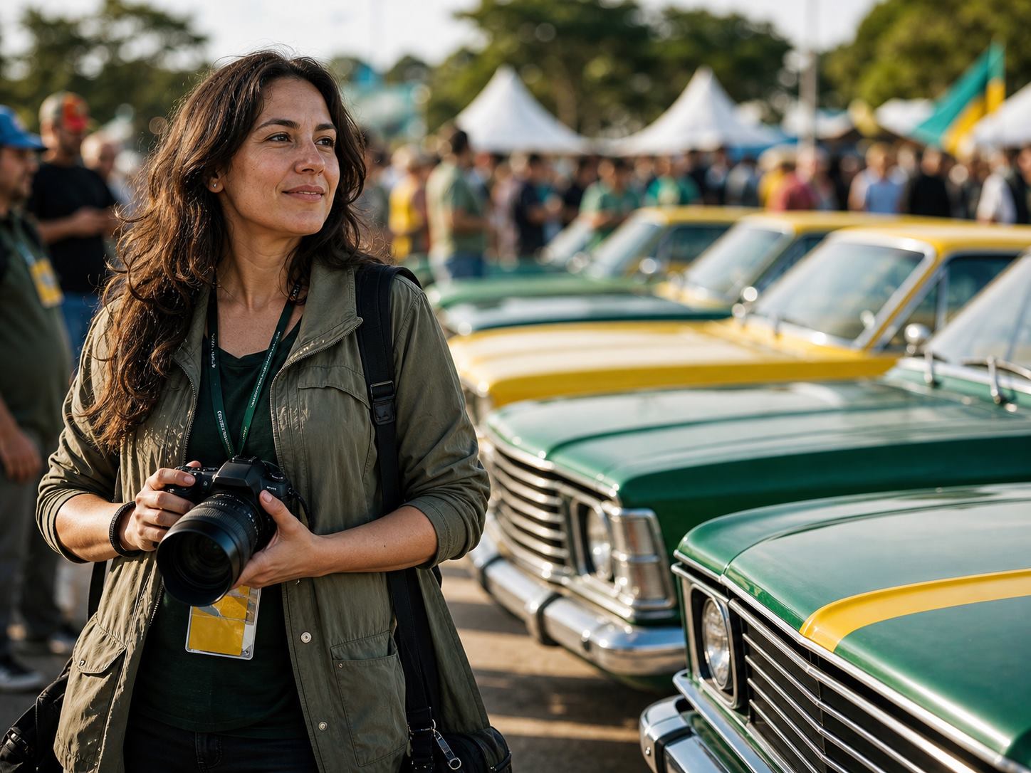 Fotógrafa em festival de carros clássicos com Opalas ao fundo