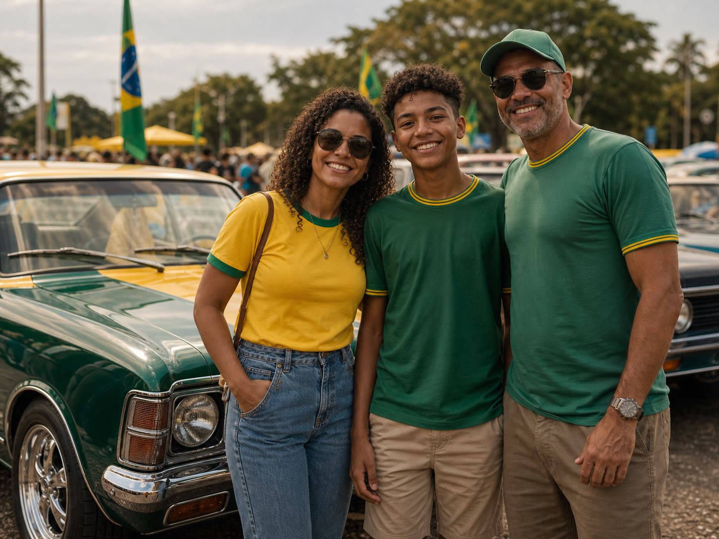 Família em festival de carros clássicos perto de um Chevrolet Opala